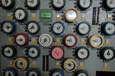 Servoindicators for the reactor control and protection system in Unit 2 control room at Chernobyl.